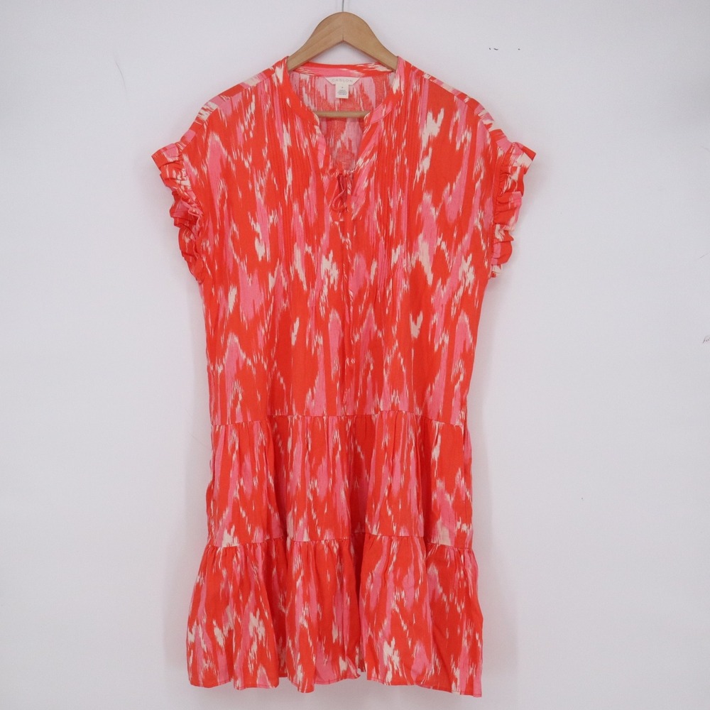 Caslon Linen Mini Dress Womens M Tiered Ruffle Sleeve Pink Ikat Excellent